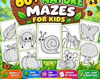 Op de afbeelding: Een digitaal activiteitenboek met de titel 60+ Nature Mazes for Kids, voorzien van zwart-wit lijntekeningen van een slak, spin, vlinder, muis en pompoenen. Het ontwerp bevat kleurrijke labels voor dieren, insecten en bomen.