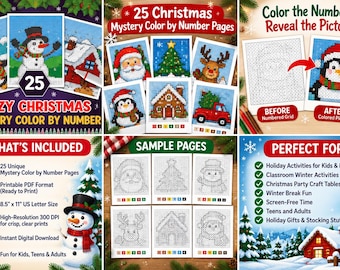 May include: A collection of 25 Christmas mystery color by number pages in printable PDF format. The set features holiday-themed illustrations including a penguin, snowman, Santa, reindeer, and a house, with instructions for coloring by number.