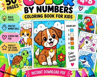 May include: A Color By Numbers coloring book for kids featuring 50 pages with illustrations of a puppy, cat, turtle, parrot, unicorn, and shark. The cover displays a color key, the text Color By Numbers, and the phrase Instant Download PDF.
