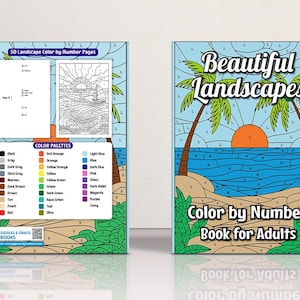 May include: A "Beautiful Landscapes" color-by-number book for adults. The cover features a tropical beach scene with palm trees, a sunset, and the text "Color by Number Book for Adults." The back cover shows a color palette and a sample page.