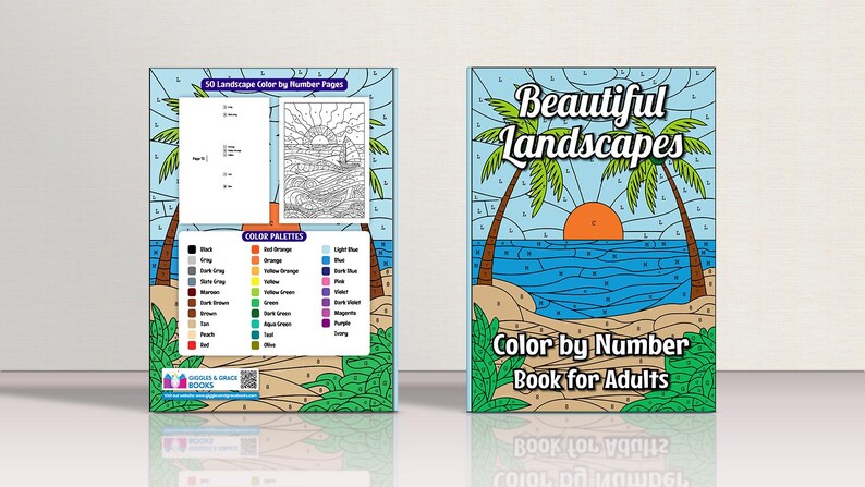 May include: A "Beautiful Landscapes" color-by-number book for adults. The cover features a tropical beach scene with palm trees, a sunset, and the text "Color by Number Book for Adults." The back cover shows a color palette and a sample page.