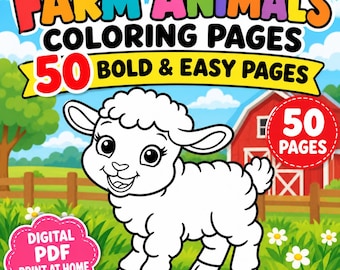 May include: A digital coloring book cover titled FARM ANIMALS COLORING PAGES 50 BOLD & EASY PAGES featuring a cartoon lamb in a grassy field with a red barn. A pink cloud-shaped badge reads DIGITAL PDF PRINT AT HOME and a red circle says 50 PAGES.