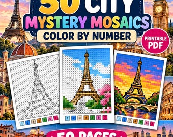 City Mystery Color by Number, 50 Printable Pixel Mosaic Coloring Pages