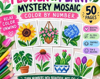 Flower and Plant Mystery Mosaic Pixel Art Color By Number (Digital File)