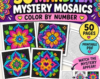 May include: A digital collection titled 50 Mandala Mystery Mosaics Color By Number featuring colourful grid-based mandala patterns. The set includes 50 printable pages in PDF format with numbered grids that reveal intricate floral designs when coloured.