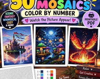 Mystery Mosaics Color by Number – 50 Printable Pixel Art Pages, Cozy, Fantasy & Scenic (PDF)