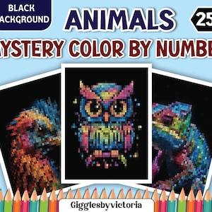 Animals Color by Number: Pixel Art on Black (Printable Digital Download 8.5x11&quot;)