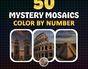 50 Mystery City Color by Number | Pixel Mosaic Coloring Pages | Digital Download