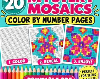 Mysteriöses Mosaik-Malen nach Zahlen, 20 druckbare Pixel-Art-Muster, Malvorlage für Erwachsene und Jugendliche (PDF)