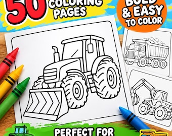 May include: A set of 50 printable coloring pages featuring black and white line art of construction vehicles including a tractor with a plow, a dump truck, and an excavator. The pages are surrounded by red, yellow, green, and blue crayons.