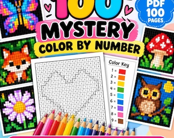 Può includere: Un libro di attività in PDF stampabile con 100 pagine da colorare con i numeri. La copertina mostra disegni in pixel art di farfalla, volpe, fiore, fungo e gufo, una legenda dei colori e il testo 100 MYSTERY COLOR BY NUMBER RELAX COLOR REVEAL.