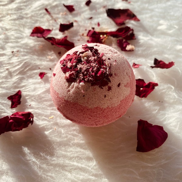 Rose BATH BOMB Fizzy and Foamy with Dried Rose Pedals Medium Size 4.0oz|Romantic Valentine's Gift|Vegan|Relaxing Soak