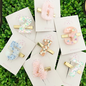 Resin Number Barrette: Birthday Hair Clip, Brass Alligator Clip