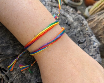 Rainbow Pride Handmade String Friendship Bracelet, LGBT Pride, Adjustable Stacking Band, Gay Lesbian Bisexual Trans, Discreet Pride Jewelry