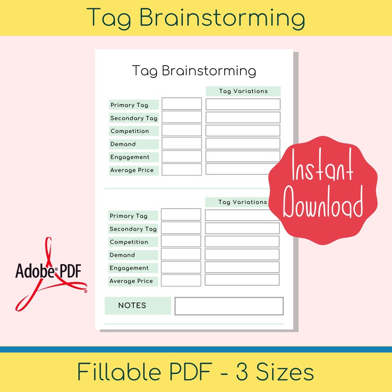 Etsy Tag Brainstorming Etsy SEO Worksheet Etsy Keywords Etsy Listing