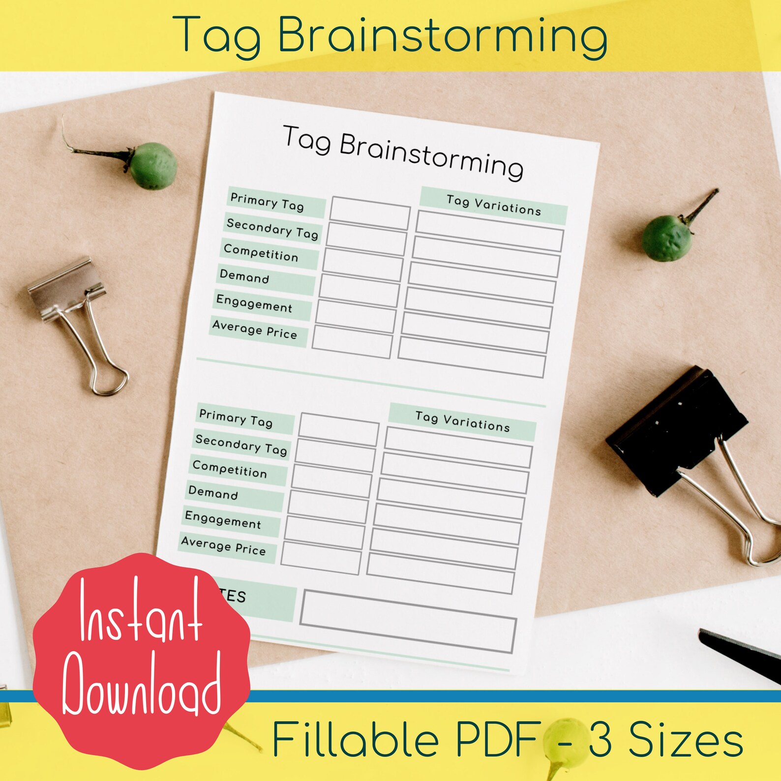 Etsy Tag Brainstorming Etsy SEO Worksheet Etsy Keywords Etsy Listing