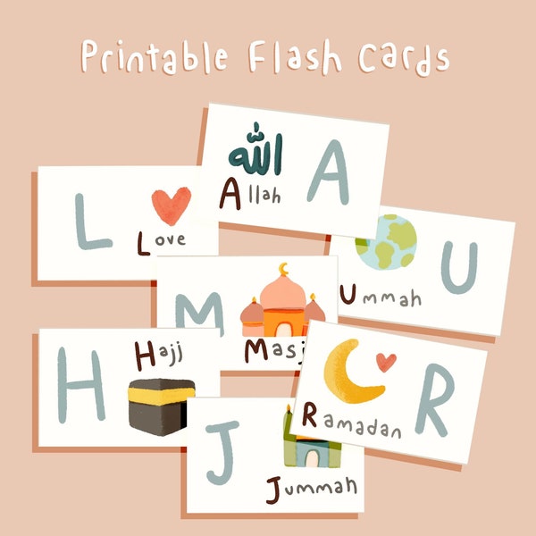 Islamic Alphabet Flash Cards: Muslim Kids Learning (Printable JPEG)