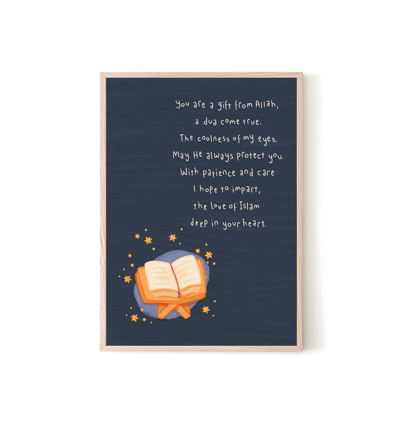 May include: A blue background with a quote about a gift from Allah. The quote is written in white text. The image also includes a yellow open book with a blue cover and a few yellow stars.