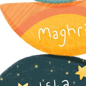 May include: A colorful illustration of a stacked set of crescent moons with the words "Maghrib" and "Isha" written in white on the moons.