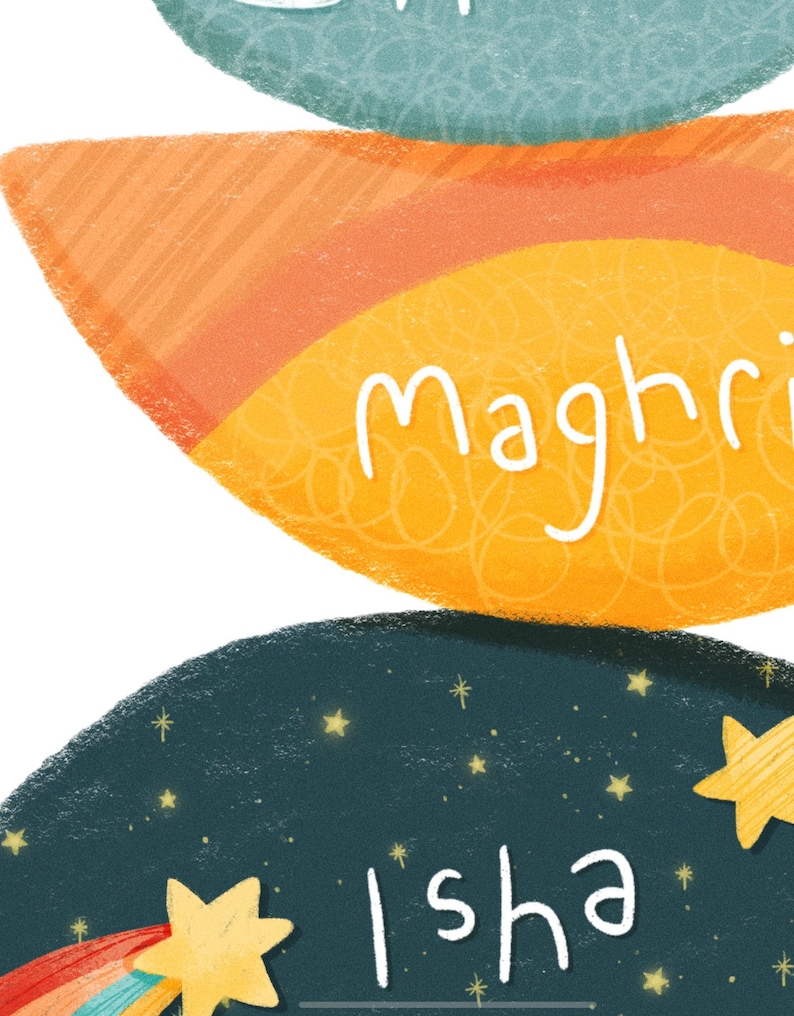 May include: A colorful illustration of a stacked set of crescent moons with the words "Maghrib" and "Isha" written in white on the moons.