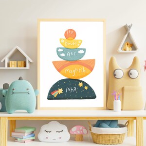 May include: A colorful illustration of a stacked tower with the names of the five daily Islamic prayer times: Fajr, Dhuhr, Asr, Maghrib, and Isha. The tower is made of five different colored crescent moon shapes with stars and clouds.
