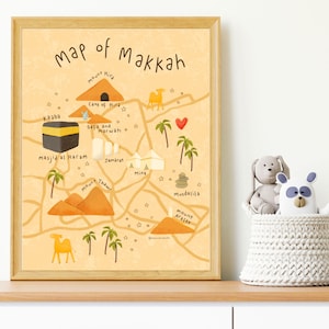 Carte de La Mecque, impression | Impression islamique pour enfants | Art mural pour enfants | Cadeau de l'Aïd pour les enfants | Cadeau de l'Aïd pour enfants | Cadeau Ramadan pour enfants | Crèche islamique