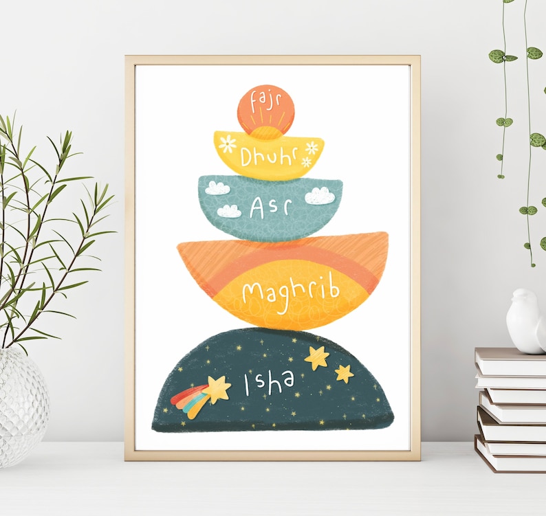 May include: A colorful illustration of a stacked set of semi-circles with the names of the five daily Islamic prayers: Fajr, Dhuhr, Asr, Maghrib, and Isha.