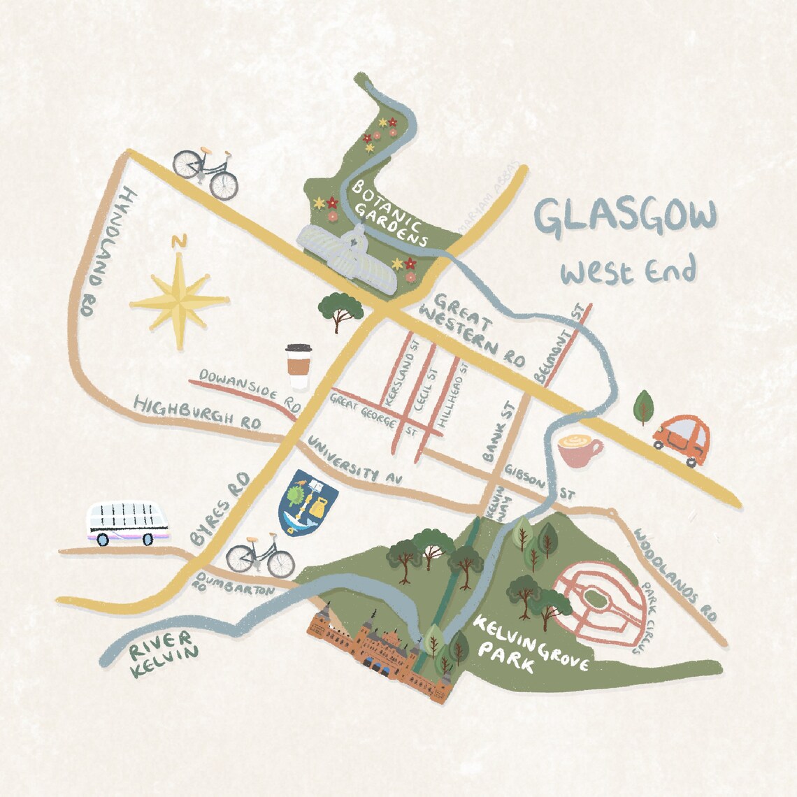 West End Illustrated Map Glasgow Print Scotland Etsy