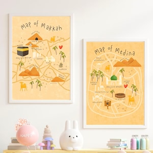 Set van 2 kaarten Mekka en Medina | Afdrukbaar | DIGITALE DOWNLOAD | Medina | Islamitische kinderprint | Muurkunst voor kinderen