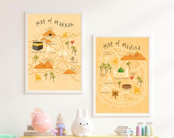 Set of 2 Makkah & Medina Map prints | Madina | Islamic Kids Print | Childrens Wall Art | Eid Gift for Kids | Eid Gift | Ramadan Gift