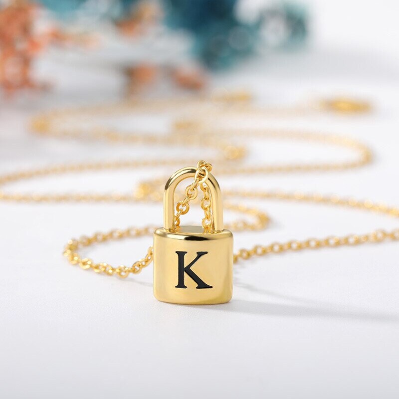 Padlock With Initial Necklace Initial Letter Pendant 18K Etsy