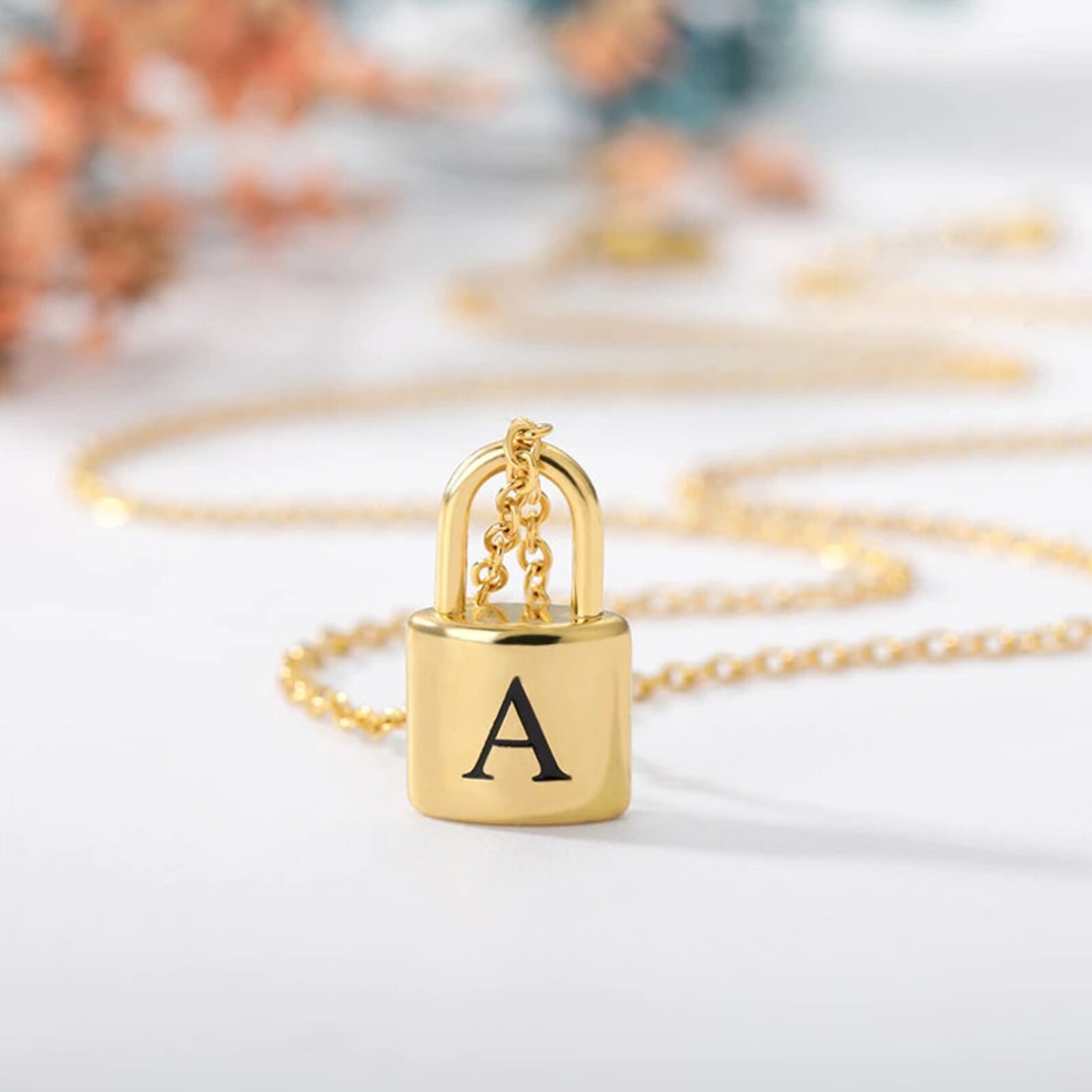 Padlock With Initial Necklace Initial Letter Pendant 18K Etsy