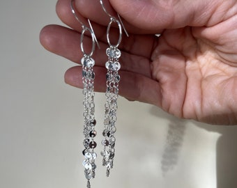 Silver Tassel Earrings, Mermaid Tail Earrings, Sterling Silver Chandelier Earrings, Sterling Silver Chain Earrings, Silver Fringe Earrings