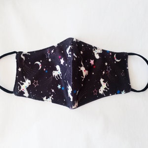 Black Unicorn Face Mask / 100% Cotton / Reusable and Washable / Double Layer / Breathable / petite size for Girls, Boys, or Women