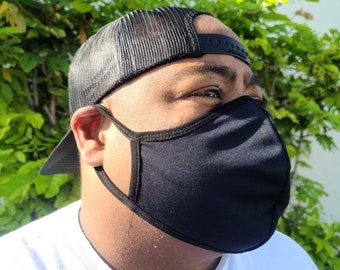 Máscara facial XL para hombres con barba / 100% algodón / Reutilizable y lavable / Cubierta facial / Dos capas / Transpirable / Negro sólido / Extra grande