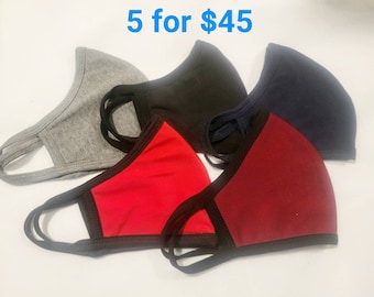 5 Adult Face Mask Pack / 5 pc set / 100% Katoen / Herbruikbaar / Gezichtsbedekking / Unisex / Two Layer / Multi Pack / Kies uw kleur