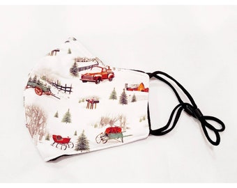 Child Face Mask with Filter Pocket and Nose Wire / Adjustable /  Christmas Face Mask / 100% Cotton / Reusable, Washable / Double Layer