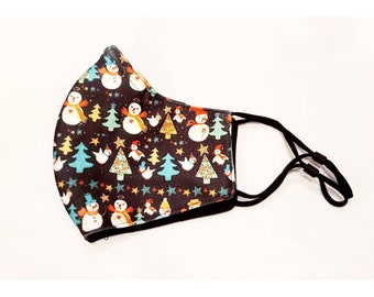 Christmas Face Mask with Filter Pocket / Toddler, Child, Adult / Nose Wire and Adjustable / Snowman and Trees / 100% Cotton  / Double Layer