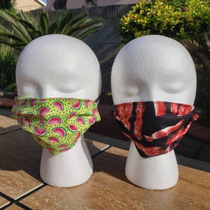 Food Face Mask / Bacon and Watermelon / Cloth Coverings / 100% Cotton / Reusable and Washable / Unisex / Triple Layers with filter layer