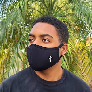Silver Cross Face Mask / 100% Cotton / Reusable, Washable / Triple Layer / Breathable / Spiritual / Inspirational / Religious / Black Mask