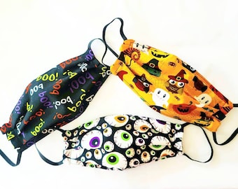 Maschera facciale di Halloween per bambini, bambini e adulti con filtro / 100% cotone / riutilizzabile e lavabile / tripli strati / zucche, fantasmi, boo