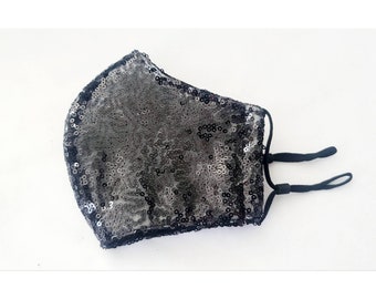 Black Lace Sequins Face Mask for Women / 100% Cotton / Reusable, Washable / Double Layer / Breathable / Elegant / Fancy / Formal / Glam