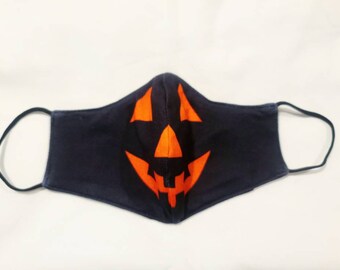 Maschera faccia di zucca nera con tasca filtro per un adulto o bambino / Maschera di Halloween / 100% cotone / riutilizzabile, lavabile / doppio strato