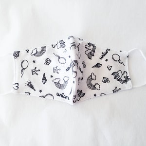 White Unicorn Face Mask for Kids or an Adult / 100% Cotton / Double layer / Reusable and Washable / Breathable / Girls, Boys, or Women