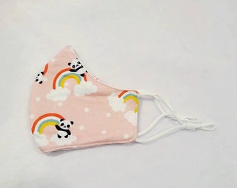 Child Pink Panda Face Mask / Fits Toddlers & Children / 100% Cotton / Reusable, Washable, Adjustable / Double Layer / Breathable / Rainbow /