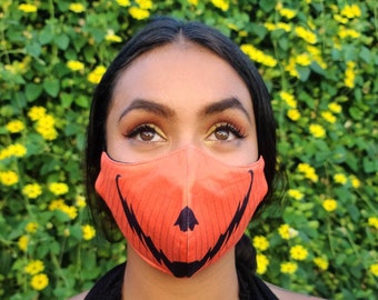 Maschera viso zucca arancione con tasca filtro per un adulto o bambino / maschera di Halloween / 100% cotone / riutilizzabile e lavabile / doppio strato