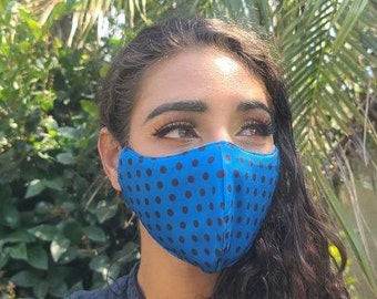 Blue Polka Dot Face Mask / 100% Cotton / Reusable Washable / Double Layer with Filter Pocket / Breathable / Face Covering / Unisex