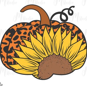 May include: A pumpkin with a leopard print design and a sunflower on top. The pumpkin is orange and the sunflower is yellow with a brown center.