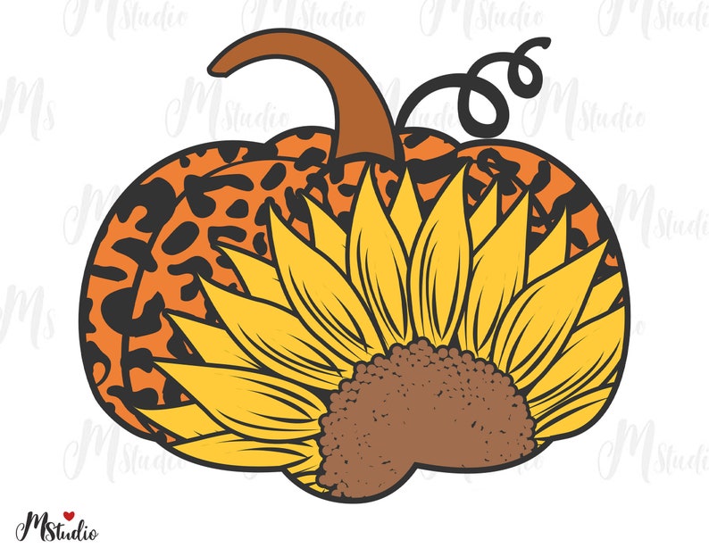 May include: A pumpkin with a leopard print design and a sunflower on top. The pumpkin is orange and the sunflower is yellow with a brown center.