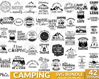 May include: A black and white graphic design bundle with 42 camping-themed SVG designs. The designs feature various camping-related phrases and images, including a camper, mountains, a campfire, and a forest.